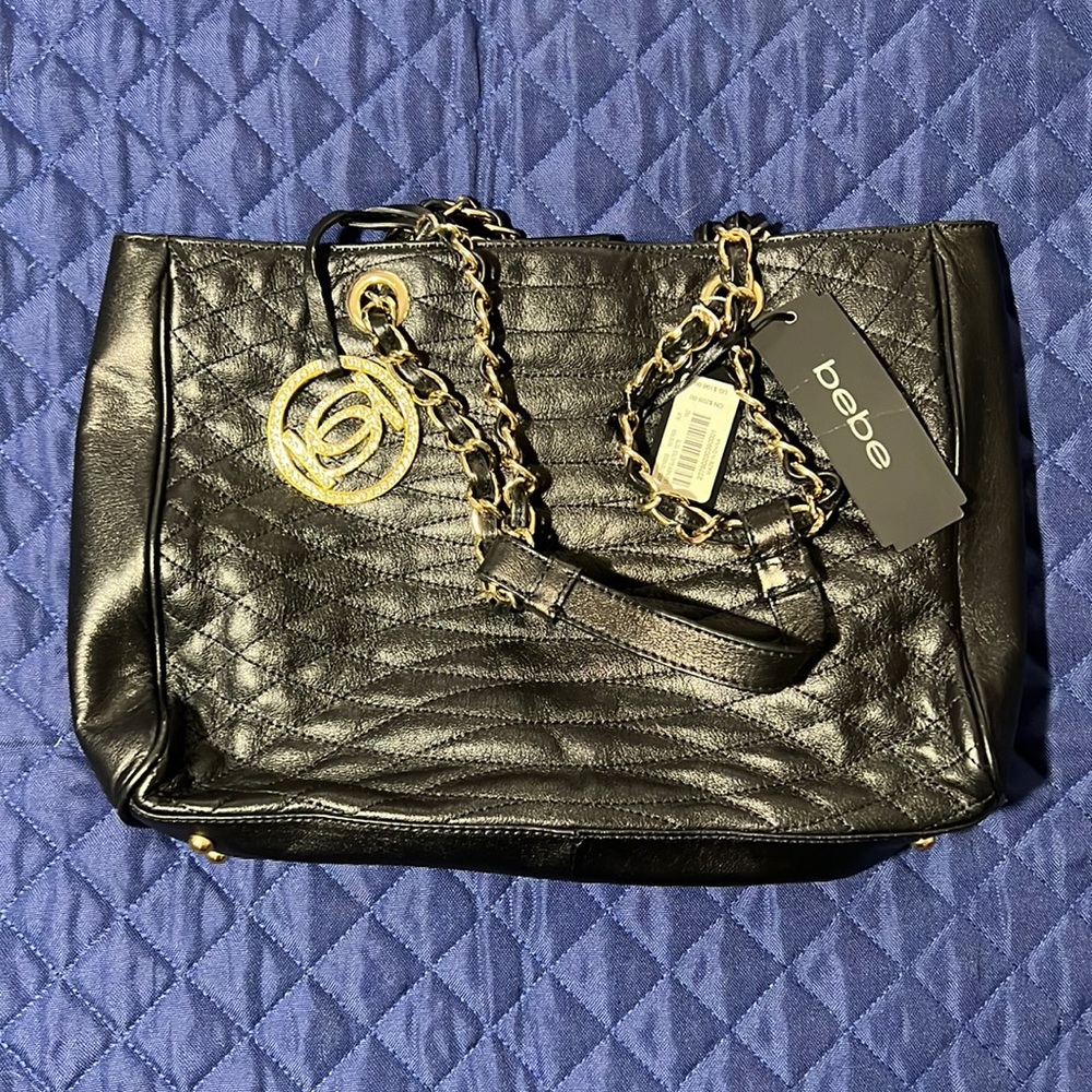 BRAND NEW WITH TAGS! Bebe Leather Quilted Tote Black with Gold Accents